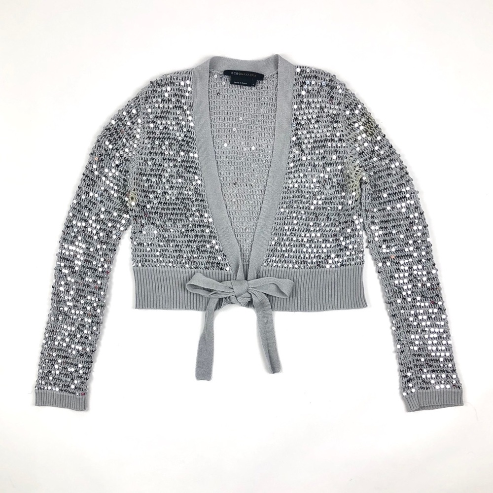 BCBGMAXAZRIA Knit Mini Grey Sequin Cardigan
